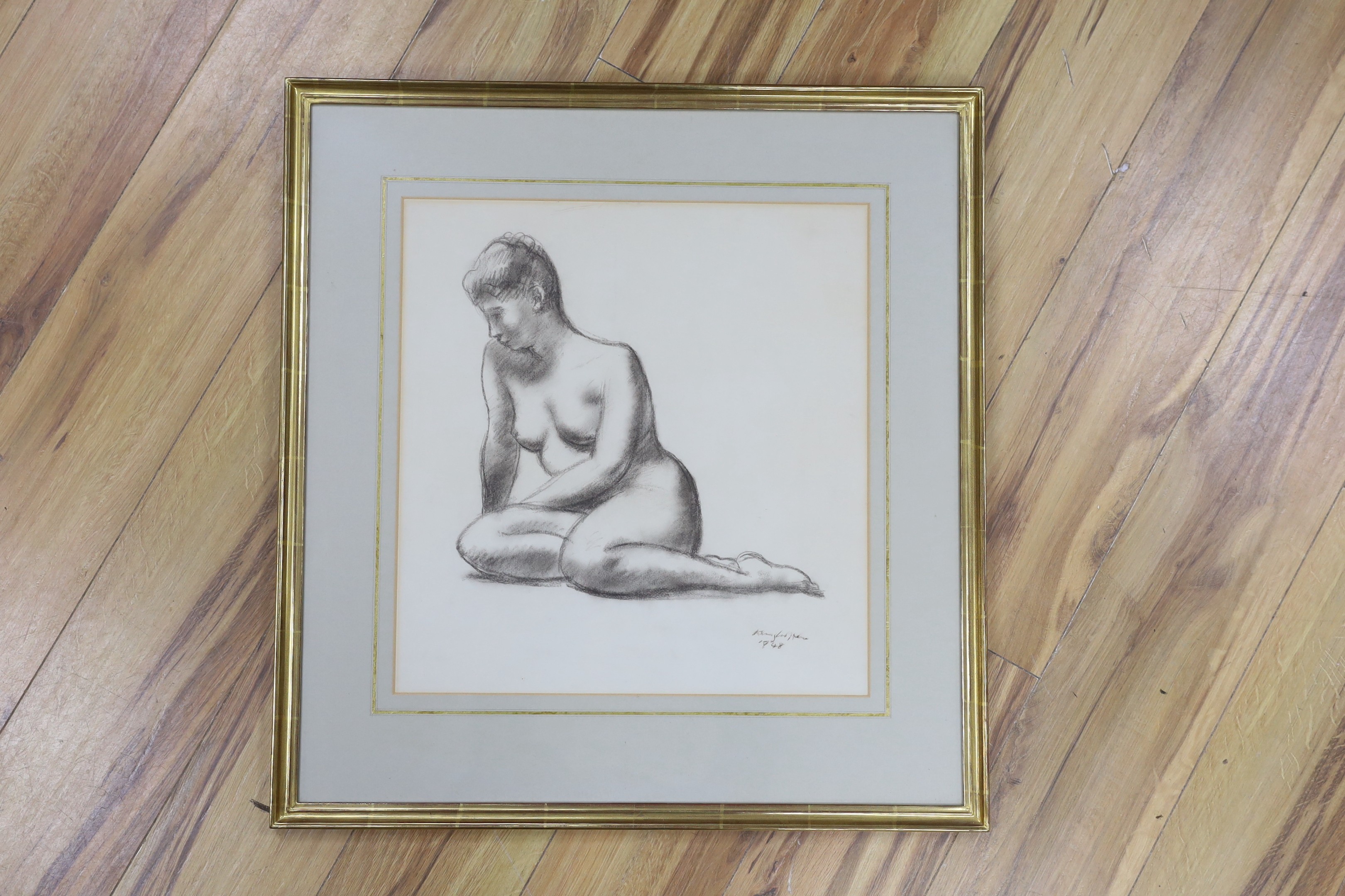 Clara Klinghoffer (1900-1970), charcoal, Seated female nude, signed and dated 1948, 45 x 43cm